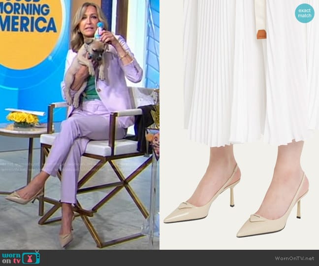 Prada Leather Padded Logo Slingback Pumps in Deserto worn by Lara Spencer on Good Morning America