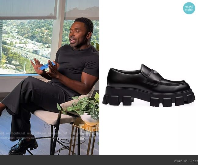 Prada Monolith Brushed Leather Loafers worn by Justin Sylvester on E! News