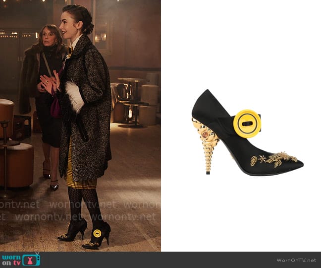 Prada Embellished Mary Jane Heels worn by Emily Cooper (Lily Collins) on Emily in Paris