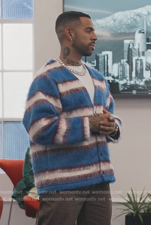 Quentin’s blue stripe mohair cardigan on Bel-Air