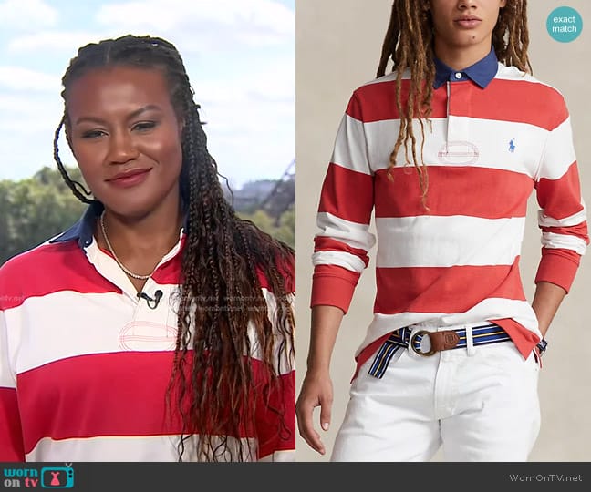 Polo Ralph Lauren Classic Fit Striped Jersey Rugby Shirt in Post Red /White worn by Janai Norman on Good Morning America