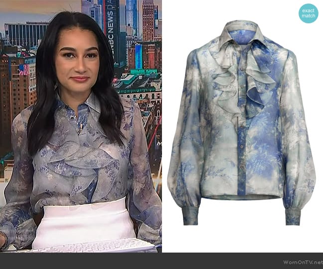 Ralph Lauren Dylon Ruffled Floral Washed Silk Shirt worn by Morgan Radford on NBC News Daily