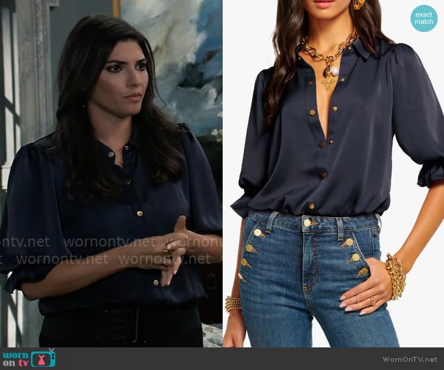 Ramy Brook Dina Button Down Bodysuit in Navy worn by Brook Lynn Quartermaine (Amanda Setton) on General Hospital