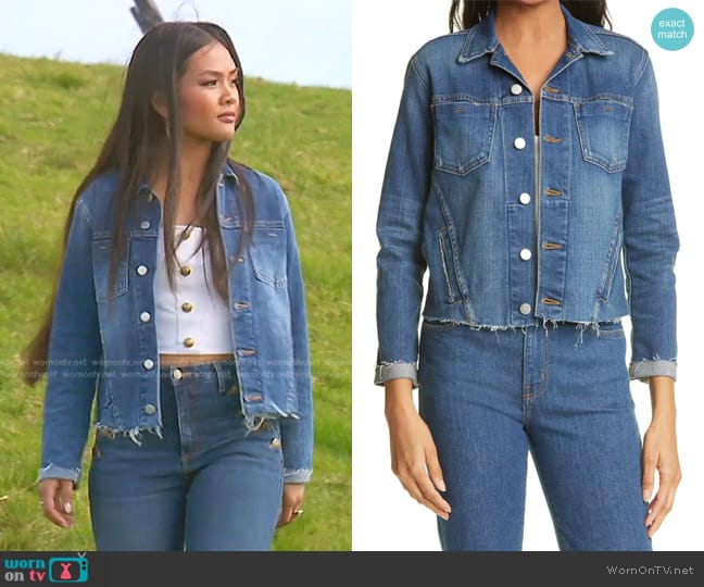 L'Agence Janelle Raw Cut Slim Denim Jacket in Authentique worn by Jenn Tran on The Bachelorette