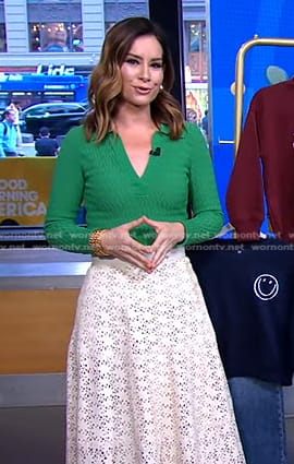 Rebecca's green polo top and white floral skirt on Good Morning America