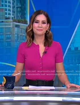 Rebecca's pink ribbed button front top on Good Morning America