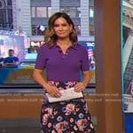 Rebecca’s purple ribbed polo top and floral skirt on Good Morning America