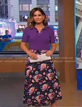 Rebecca's purple ribbed polo top and floral skirt on Good Morning America