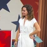 Rebecca’s yellow printed platform sandals on Good Morning America
