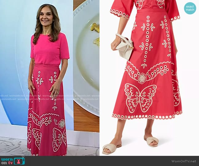 RED Valentino Sangallo Embroidered Midi Skirt in Cotton Poplin worn by Joy Bauer on Today