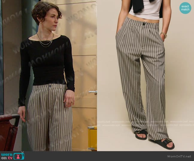 Reformation Petites Mason Pant in Slate Stripe worn by Sarah Horton (Linsey Godfrey) on Days of our Lives