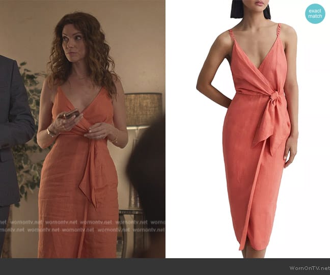 Reiss Esme Linen Side Tie Midi Dress worn by Amanda Larusso (Courtney Henggeler) on Cobra Kai