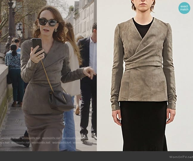 Rick Owens Wrap Front Suede Jacket in Dust worn by Sylvie (Philippine Leroy-Beaulieu) on Emily in Paris