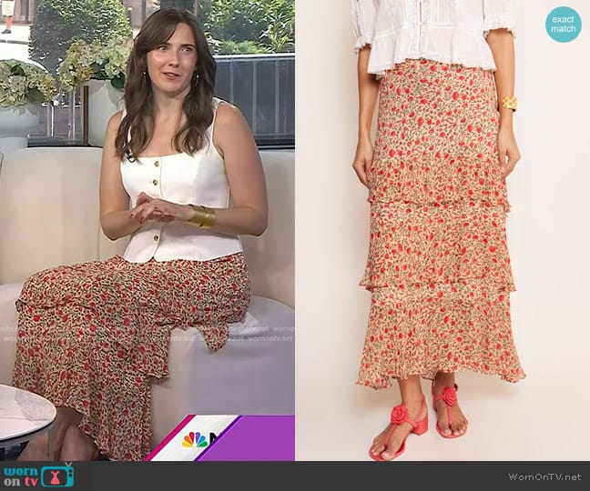 Rixo Preslee Tiered Midi Skirt in Ditsy Trail Cream worn by Alison Espach on Today