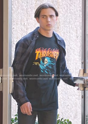 Robby's black Thrasher print tee on Cobra Kai