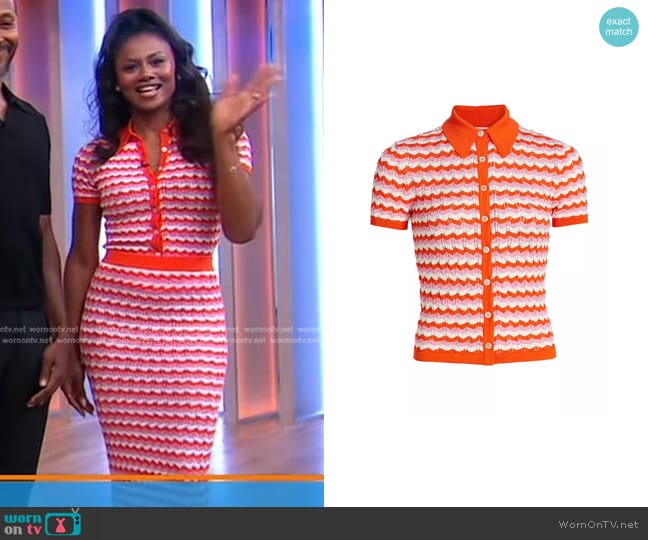 Ronny Kobo Tallys Striped Knit Button-Front Top in Carnation Multi worn by Emayatzy Corinealdi on Good Morning America