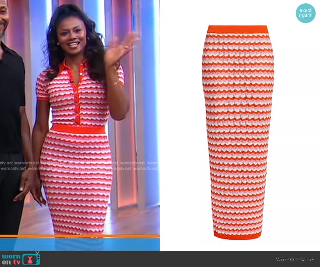 Ronny Kobo Wilkins Striped Knit Maxi Skirt in Carnation Multi worn by Emayatzy Corinealdi on Good Morning America