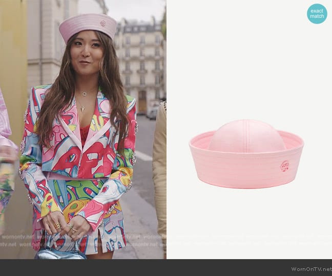 Ruslan Baginskiy Sailor Hat in Pink worn by Mindy Chen (Ashley Park) on Emily in Paris