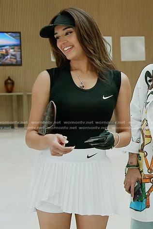 Saba’s white pleated tennis skirt on The Real Housewives of Dubai