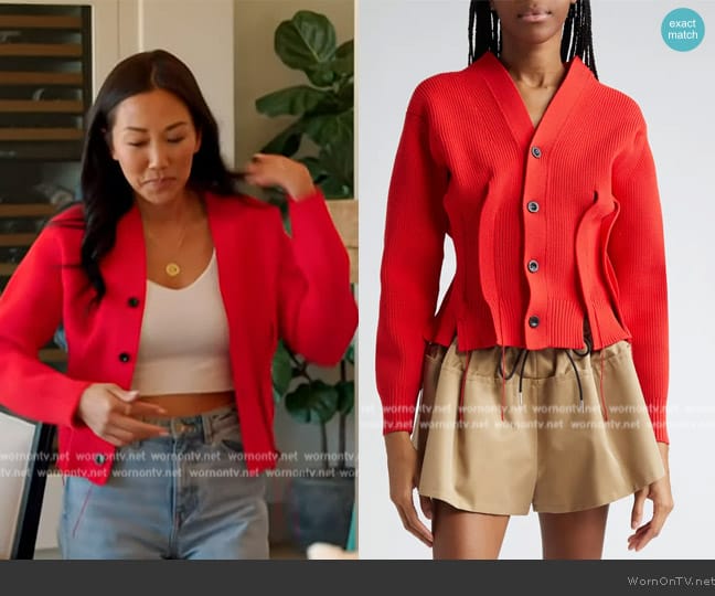 Sacai Cinched Waist V-Neck Cardigan worn by Katie Ginella on The Real Housewives of Orange County