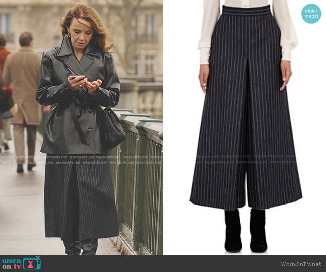 Saint Lauren Pinstriped Culottes worn by Sylvie (Philippine Leroy-Beaulieu) on Emily in Paris