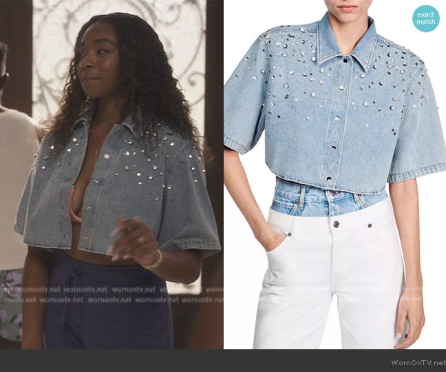 Sandro Tyss Embellished Cropped Denim Shirt worn by Lisa (Simone Joy Jones) on Bel-Air