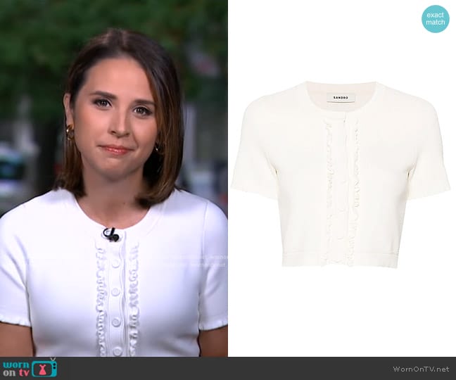 Sandro Lollia Cardigan in Ecru worn by Elizabeth Schulze on Good Morning America