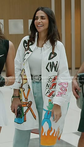 Sara's white graphic print jacket and sneakers on The Real Housewives of Dubai