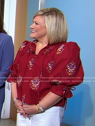 Sarah Fishburne’s red floral puff sleeve blouse on Good Morning America