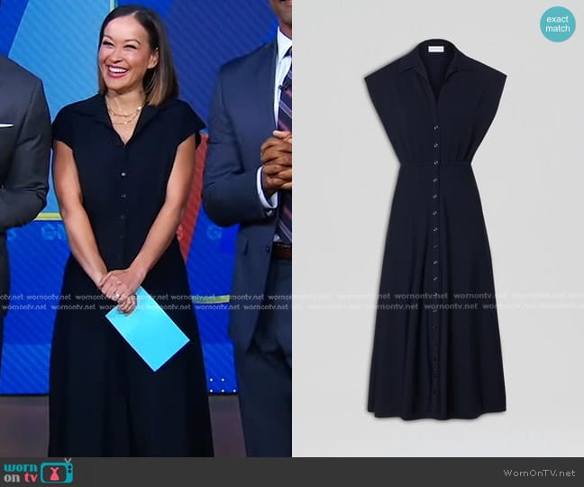 Scanlan Theodore Crepe Knit Shirt Dress in Navy worn by Eva Pilgrim on Good Morning America