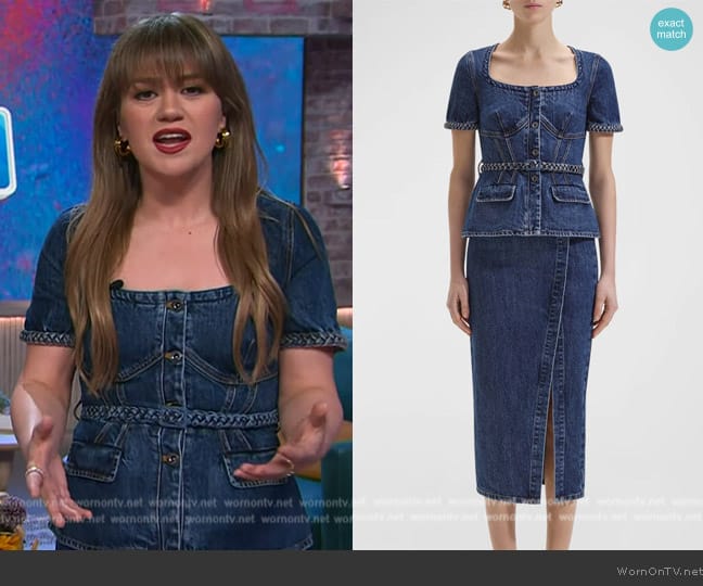 Self Portrait Belted Square-Neck Denim Midi Dress worn by Kelly Clarkson on The Kelly Clarkson Show