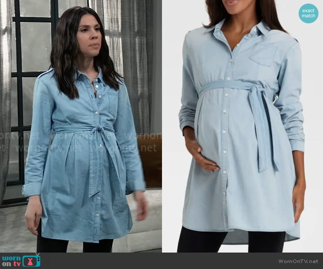 Seraphine Cotton Chambray Belted Maternity Tunic worn by Kristina Corinthos-Davis (Kate Mansi) on General Hospital