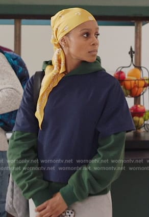 Simone's blue colorblock hoodie on All American Homecoming