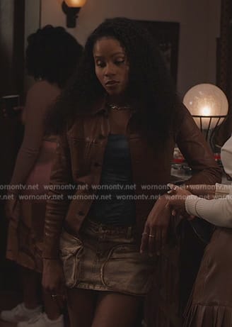 Simone’s brown leather jacket on All American Homecoming