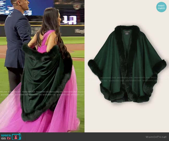 Sofia Cashmere Cervinia Fur Trimmed Cashmere Cape Classic Length in Green worn by Jenn Tran on The Bachelorette