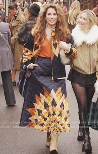 Sofia's black printed quilted jacket and skirt on Emily in Paris