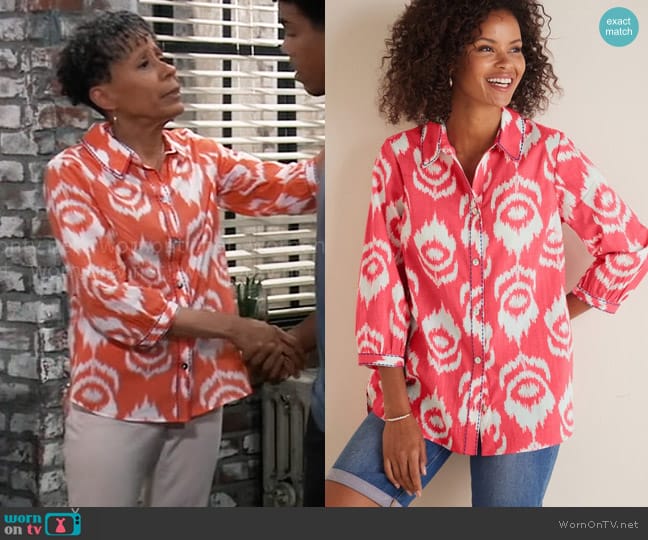 Soft Surroundings Maya Shirt in Sunset Coral worn by Stella Henry (Vernee Watson) on General Hospital