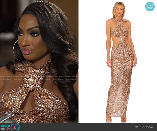 Bronx and Banco Sol Dress in Gold worn by Lesa Milan (Lesa Milan) on The Real Housewives of Dubai