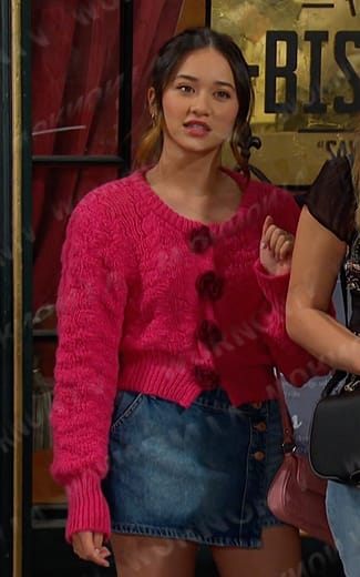 Sophia's pink cardigan and denim wrap mini skirt on Days of our Lives