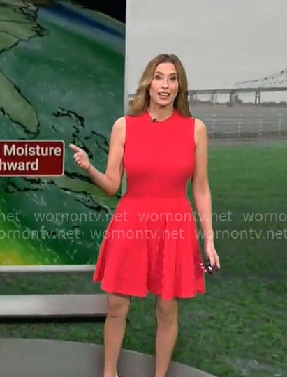 Stephanie Abrahms's red sleeveless knit dress on CBS Mornings