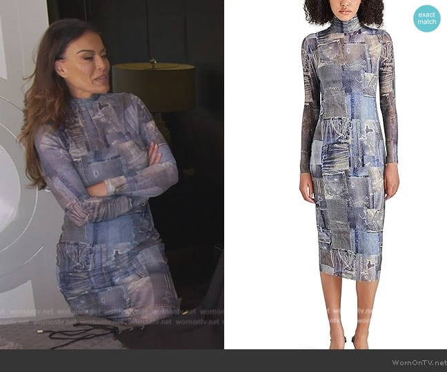 Dolores’s mesh denim look patchwork dress on RHONJ