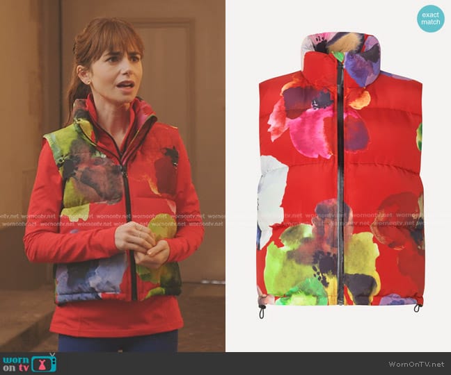 Stine Goya Puffer Vest Bloom in Red worn by Emily Cooper (Lily Collins) on Emily in Paris