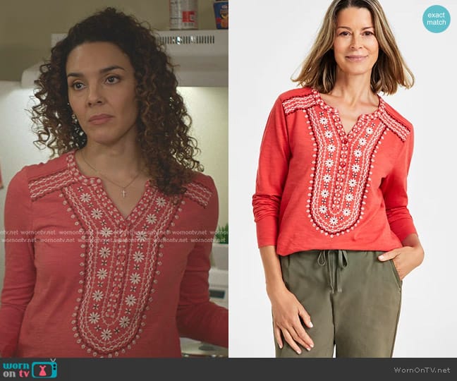 Style & Co Embroidered Henley Knit Top worn by Carmen Diaz (Vanessa Rubio) on Cobra Kai