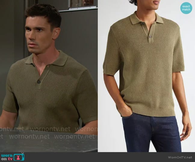 Sunspel Melrose Textured Knit Polo in Khaki worn by Dr. John Finnegan (Tanner Novlan) on The Bold and the Beautiful