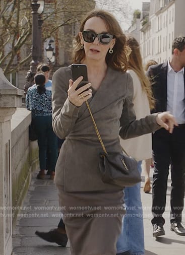 Sylvie's gray suede wrap jacket and skirt on Emily in Paris