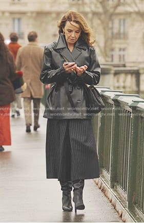 Sylvie's pinstripe culottes and bag on Emily in Paris