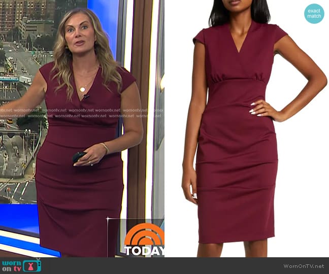 Tahari ASL Ruched Back Scuba Sheath Dress in Black Cherry worn by Emily West on Today