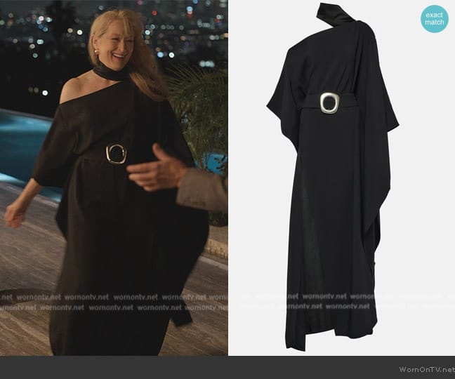 Taller Marmo Taylor off-shoulder kaftan worn by Loretta Durkin (Meryl Streep) on Only Murders in the Building