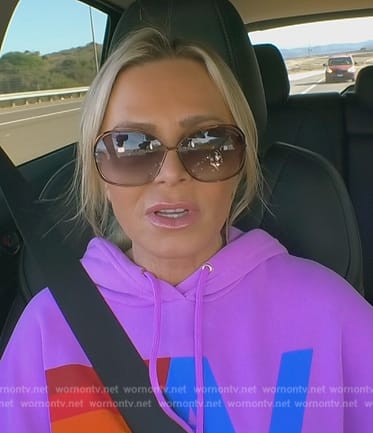 Tamra’s purple printed hoodie on The Real Housewives of Orange County