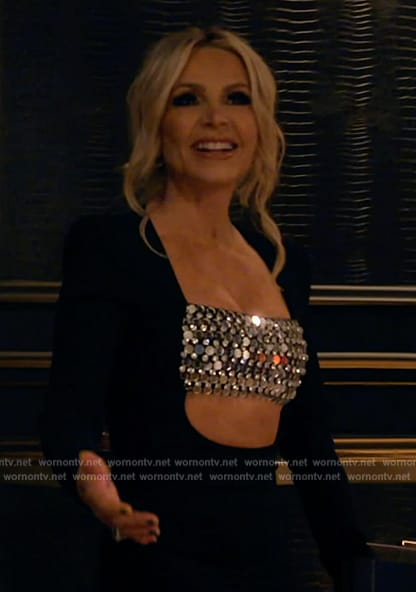 Tamra's black embellished cutout dress on The Real Housewives of Orange County